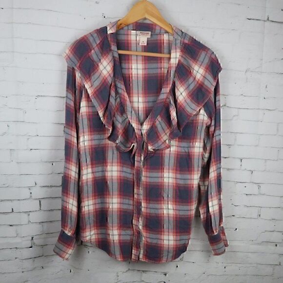 MOSSIMO SUPPLY COMPANY RED BLUE PLAID V NECK RUFFLE LONG SLEEVE BUTTON DOWN TOP - Picture 1 of 9